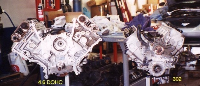 4.6L Ford (left) vs 5.0L Ford (right)

Yes, the 4.6 is physically bigger than the 5.0